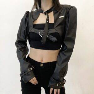 PU Leather Jacket Women Punk Style Black Metal Buckle Gothic Overcoat Crop Top Gothtopia https://gothtopia.com
