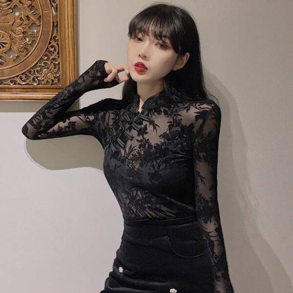 Elegant Gothic Long Sleeve Slim Black Sexy See Through Lace Asian Turtleneck Top Gothtopia https://gothtopia.com