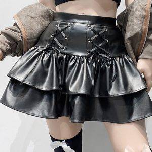 AltGoth Mall Goth Punk PU Skirt Women Dark Gothic Vintage Bandage High Waist Lolita Skirt Harajuku Streetwear Emo Alt Clubwear Gothtopia https://gothtopia.com