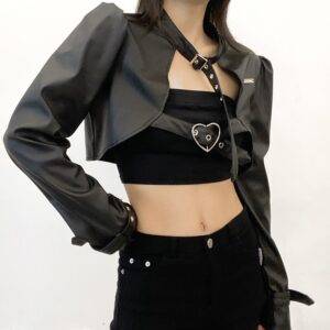 PU Leather Jacket Women Punk Style Black Metal Buckle Gothic Overcoat Crop Top Gothtopia https://gothtopia.com