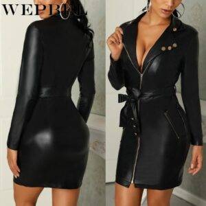 Gorgeous Black PU Leather Women’s V-neck Bodycon Long Sleeve Hip Zipper Dresses Gothtopia https://gothtopia.com