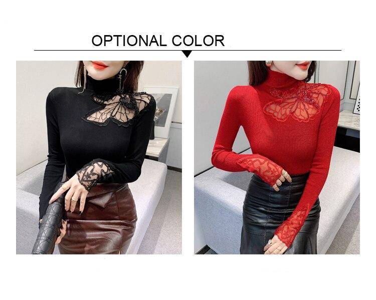 MadBlack Fall Winter Thin Fleece T-Shirt Chic Sexy Hollow Out Patchwork Crochet Beads Women Tops Lady Long Sleeve Tees T1D209A