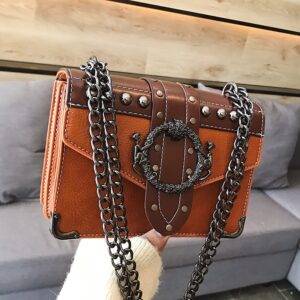 European Fashion Quality PU Leather Women’s Designer Square Rivet Lock Chain Shoulder Handbag Gothtopia https://gothtopia.com