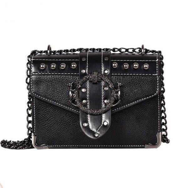 European Fashion Quality PU Leather Women’s Designer Square Rivet Lock Chain Shoulder Handbag Gothtopia https://gothtopia.com