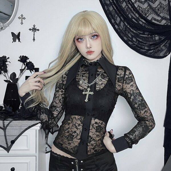 Goth Designed Fashion Spring Summer Slim Single-breasted Lapel Lace Women’s Blouse Gothtopia https://gothtopia.com