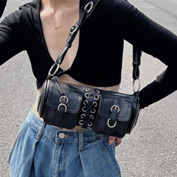 Vintage PU Leather Black Women’s Round Cylinder Double Pocket Design Underarm Shoulder Bag Gothtopia https://gothtopia.com