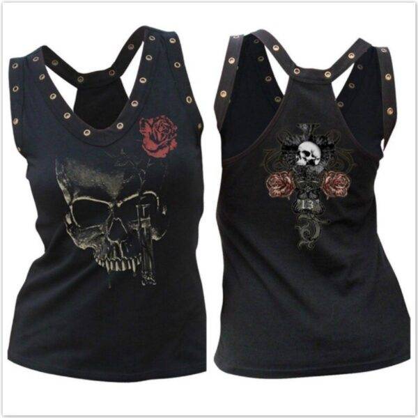 Women’s Female Skull Printed Casual Camisole Punk Dark Sleeveless T-Shirt Vest Tank Top Gothtopia https://gothtopia.com