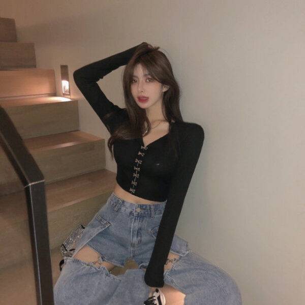 Sexy V-neck Woman Long Sleeve Fashion Black Korean Casual Knitted Y2k Top Gothtopia https://gothtopia.com