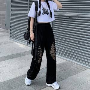 Oversized Hollow Out Gauze Butterfly Design Trousers Female Sweatpants Gothtopia https://gothtopia.com