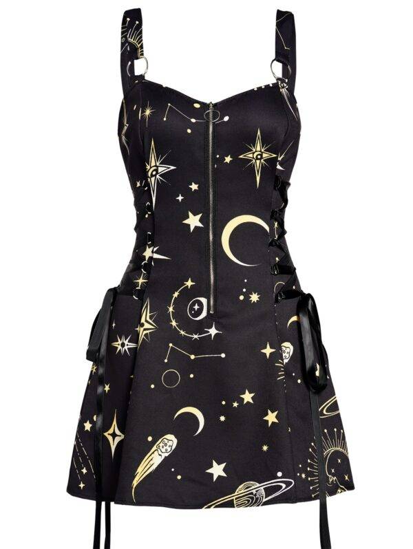 Celestial Sun Moon Print Lace Up Summer Gothic Mini Dress Gothtopia https://gothtopia.com