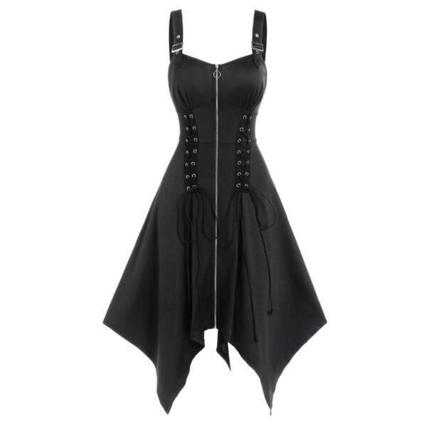 Gorgeous Plunging Neckline Eyelet Lace Up High Low Gothic Dress Low Cut Plunge Punk Emo Dresses Gothtopia https://gothtopia.com