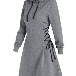 Casual Gothic Women’s Long Sleeve Drawstring Lace Up Mini Hoodie Dress Gothtopia https://gothtopia.com